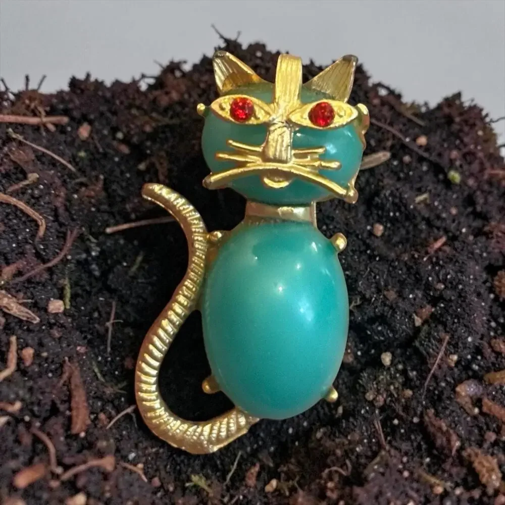Atomic Turquoise Cat Brooch Red Rhinestone Eyes Mid Century Mod Figural Pin